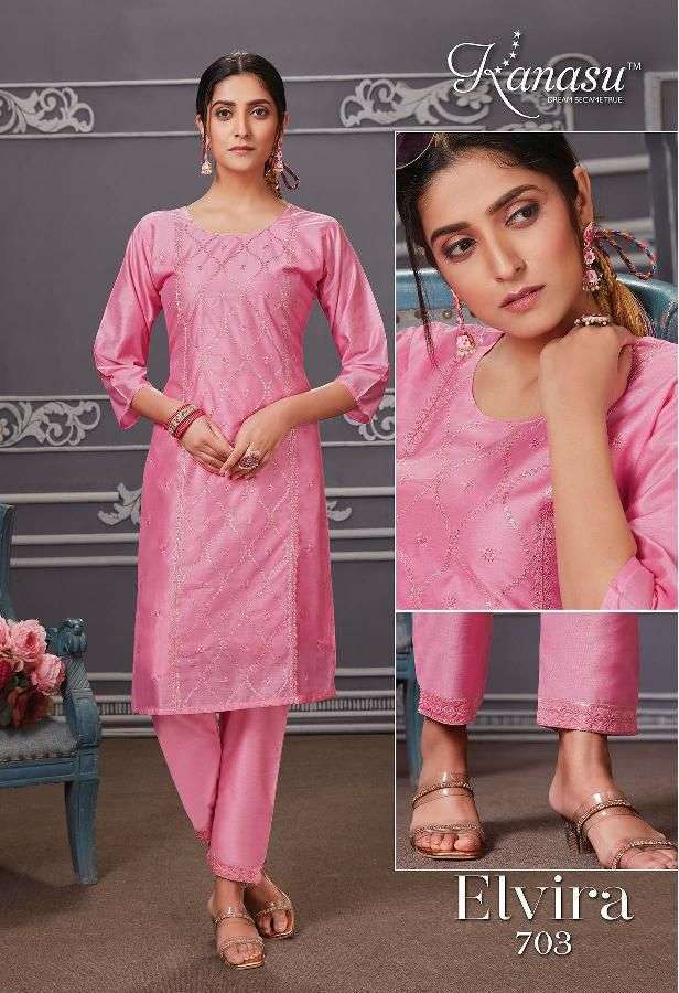 ELVIRA SERIES 701 TO 708 KURTI BY KANASU DESIGNER CHANDERI SILK KURTIS ARE AVAILABLE AT WHOLESALE PRICE